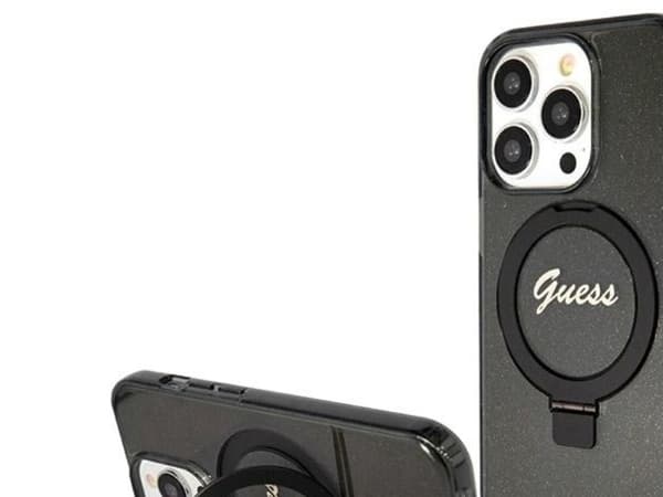 Guess Ring Stand Script Glitter MagSafe-skal till iPhone 14 Pro Max - svart