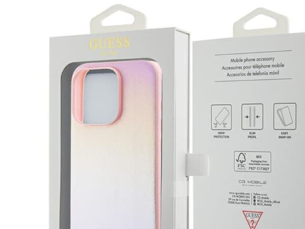 Guess Saffiano iriserende script-etui til iPhone 14 Pro - rosa