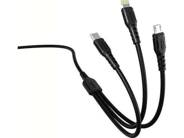 Denmen USB-A - USB-C + microUSB + Lightning-kaapeli 1 m musta (29360)