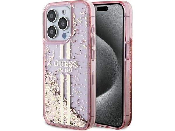 Hurtel Guess Liquid Glitter gullstriper-deksel til iPhone 15 Pro - rosa