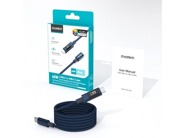 Choetech PD60W USB-C til USB-C-kabel med digitalt display 1,2 m nylon – blå