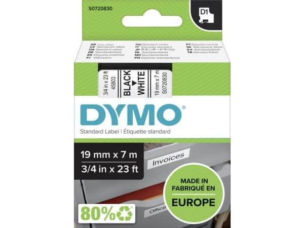 Labeltape DYMO® D1 sort på hvid 19mm x 7m