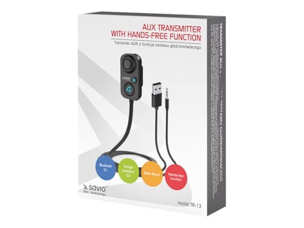 Savio TR-13, Bluetooth, AUX, A2DP, AVRCP, 10 m, 1,2 m, musta