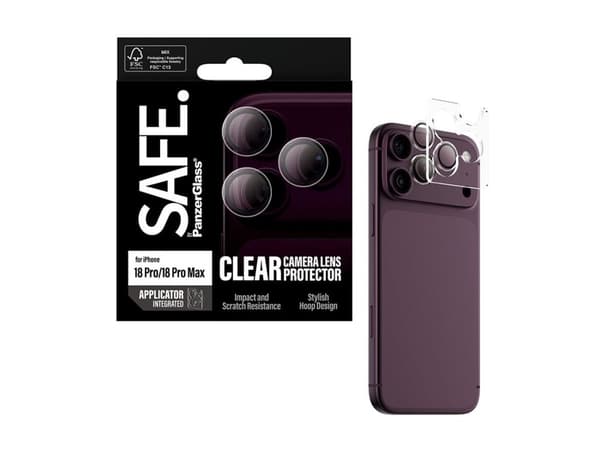 PanzerGlass SAFE kameraskydd för iPhone 17/18 Pro/Pro Max, transparent.