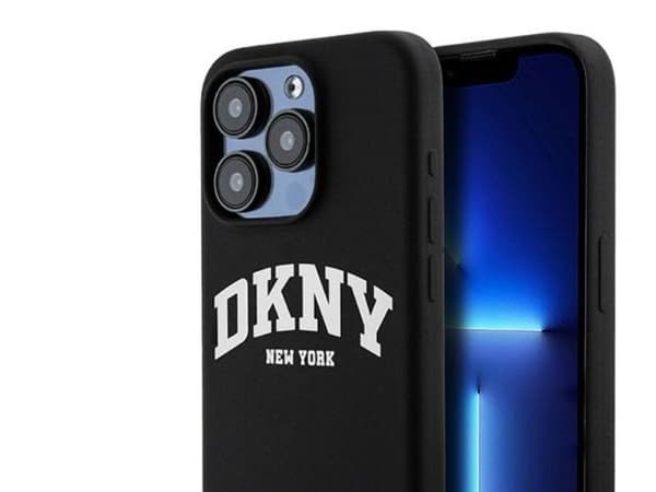 DKNY Liquid Silicone White Printed Logo MagSafe iPhone 15 Pro Case - Black