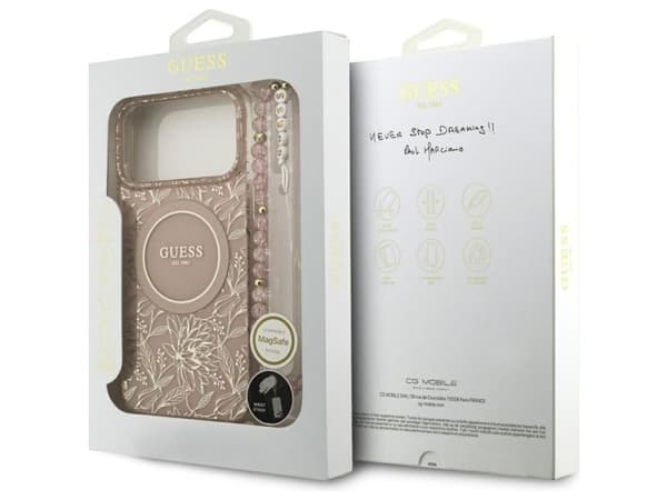Guess IML Flowers Electro Pearl stropp MagSafe-deksel til iPhone 17 Pro Max - rosa
