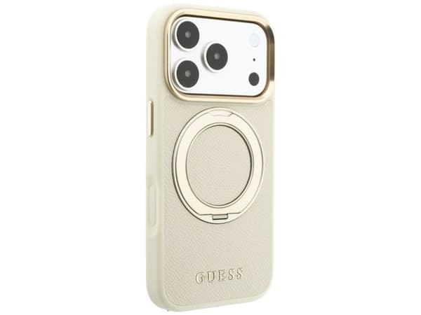 Etui Guess Ring Stand 360 Grained Classic Logo MagSafe do iPhone 18 Pro Max / 17 Pro Max bezowy