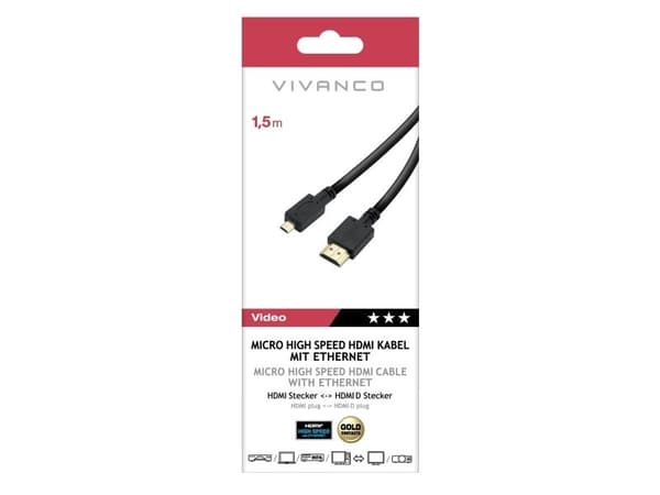 Vivanco VVVHDMI15MICRO, 1,5 m, HDMI Typ A (standard), HDMI Typ D (micro), Svart