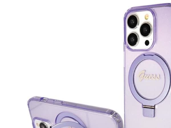 Guess Ring Stand Script Glitter MagSafe-skydd till iPhone 15 Pro - lilla