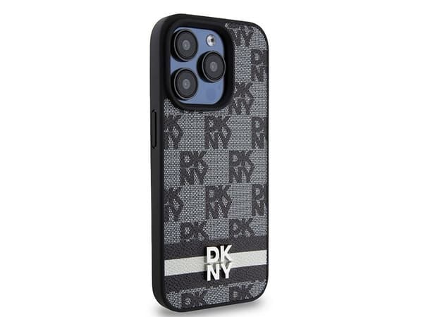 Deklas DKNY PU Leather Checkered Pattern and Stripe Case for iPhone 15 Pro Juodas