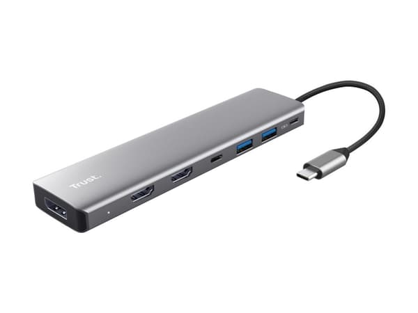 "TRUST DALYX -latausasema, 7-in-1, USB-C-tulo, 2xHDMI, 1xDP, 2xUSB, 2xUSB-C, saha"