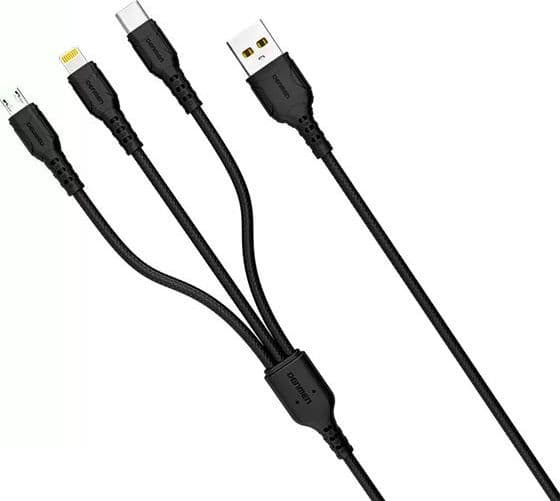 Denmen USB-A - USB-C + microUSB + Lightning-kaapeli 1 m musta (29360)