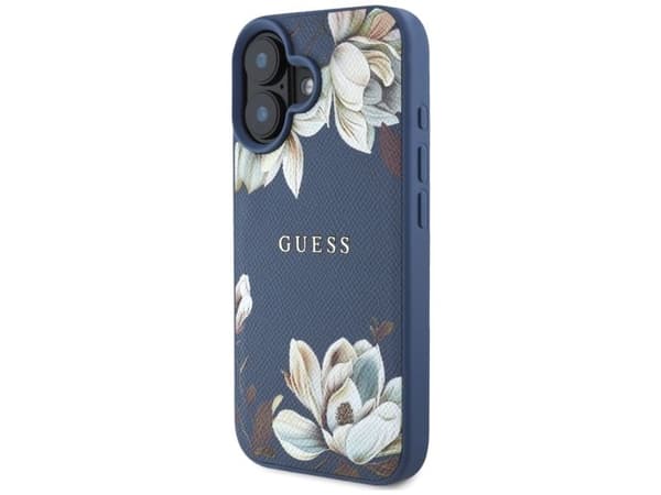 Guess Grained Printed Flower Pattern MagSafe case for iPhone 16 blue