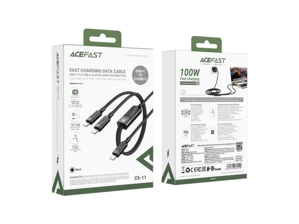 Acefast C5 USB-C - USB-C / USB-C 2-i-1 100W 480Mb/s kabel - sort