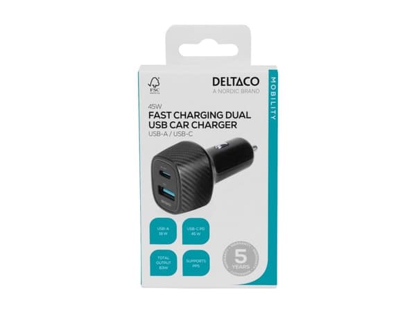 DELTACO - Strömadapter för bil - 63 Watt - PD - 2 utdatakontakter (USB-C, USB)