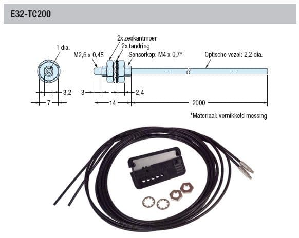 Fiberoptisk sensor, gennemgående bjælke, M4, 2m kabel E32-TC200 2M
