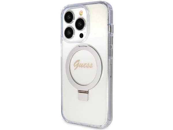 Guess Ring Stand Script Glitter MagSafe-deksel til iPhone 15 Pro - transparent