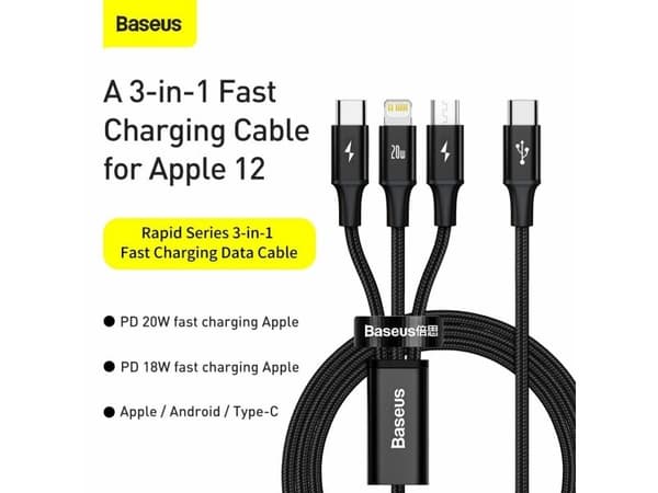 Baseus Rapid Series - USB-C Lightning / USB-C / micro USB 20W liitäntäkaapeli 1.5m (musta)