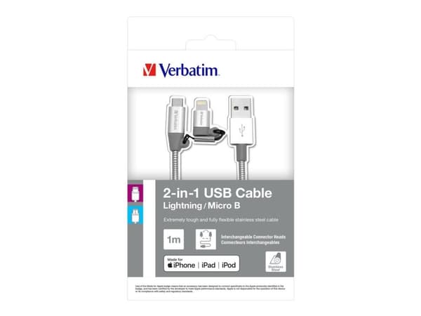 Verbatim Sync & Charge - Lightning-kabel - Lightning, Micro-USB Type B hann til USB hann - 1 m - sølv