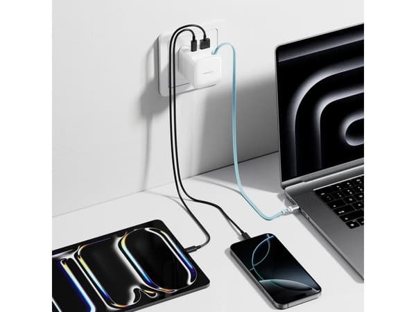 Cuktech AD653W 67W GaN 2x USB-C + USB-A Wall Charger with 70cm Retractable USB-C Cable - White