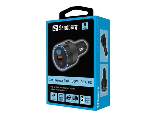 Sandberg Active - Strömadapter för bil - 130 Watt - 3 utdatakontakter (USB-C, USB)