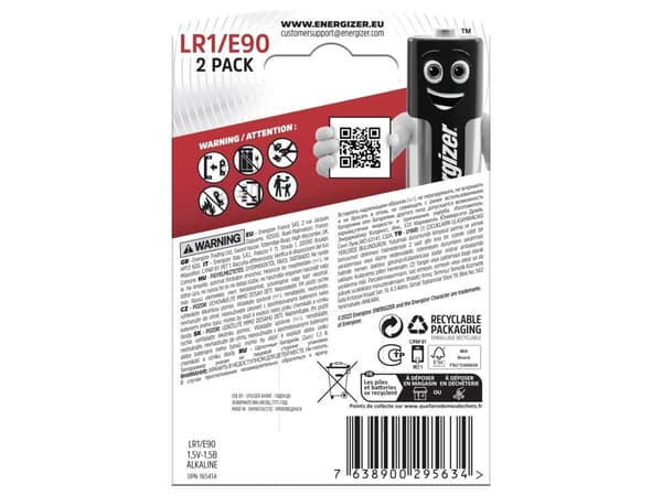 Batteri, Energizer Alkaline, LR1/E90, 1,5 V, 2 stk