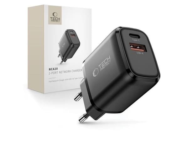Tech-Protect NCA20 PD 20W / QC3.0 USB-A / USB-C vegglader - sort