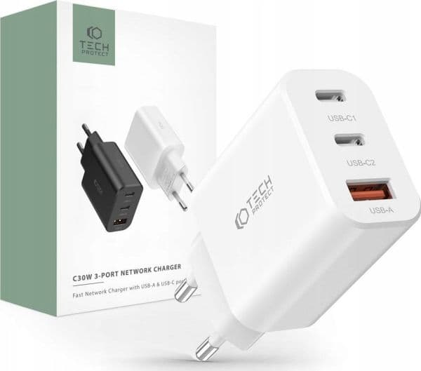 Ladowarka Tech-Protect TECH-PROTECT NC30W 3-PORT NETWORK CHARGER PD30W/QC3.0 WHITE