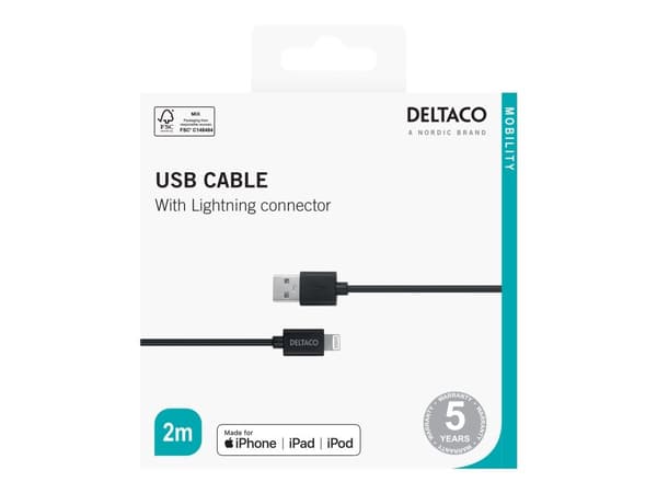 DELTACO – Lightning-kaapeli – USB-uros – Lightning-uros – 2 m – musta
