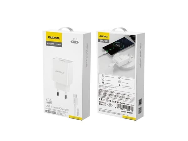 Nettlader Dudao A4EU USB-A 2.1A + USB-A til USB-C-kabel, hvit