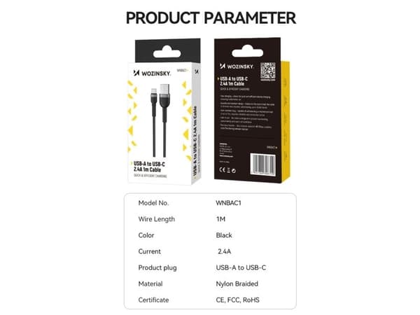 Wozinsky WNBAC2 USB-A / USB-C 2.4A 2 m kaapeli - musta