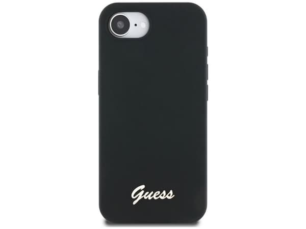 Guess Silicone Script Metal Logo MagSafe - Etui do iPhone 16e (czarny)