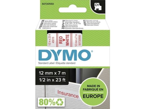 Teksttape Dymo D1, 12 mm, röd/hvid