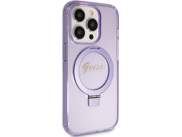 Guess Ring Stand Script Glitter MagSafe suojakotelo iPhone 15 Pro - lilla