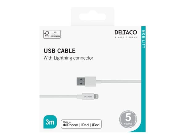 DELTACO - Lightning-kabel - USB hann til Lightning hann - 3 m - hvit