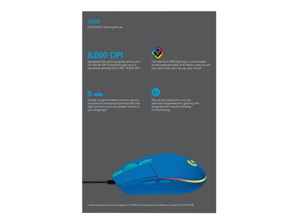 Logitech Gaming Mouse G102 LIGHTSYNC - Mus - høyrehendt - optisk - 6 knapper - kablet - USB - blå