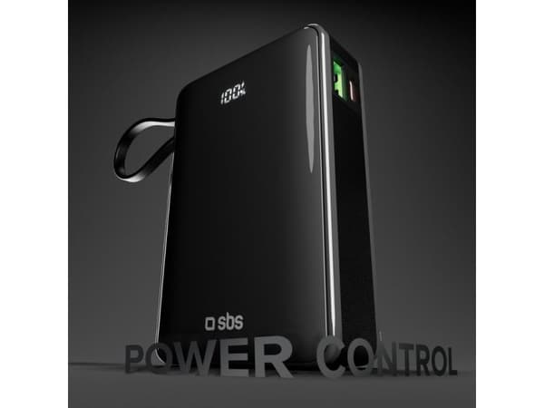 Powerbank SBS 20000mAh, 20W, LCD, integrert kabel, sort