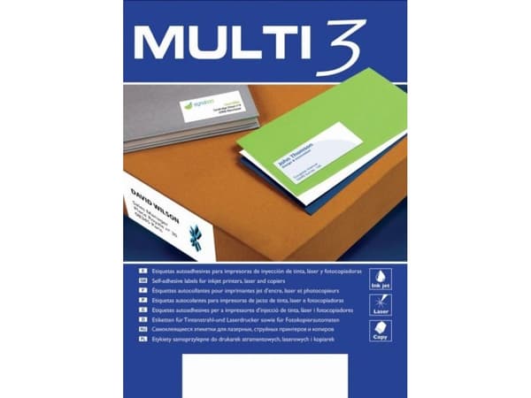MULTI 3 universaletiketter MULTI 3,70x30mm, rektangulära, vita 100 ark.