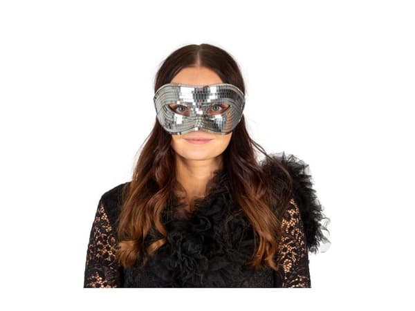 Halvmask i form av en silverfärgad diskokula