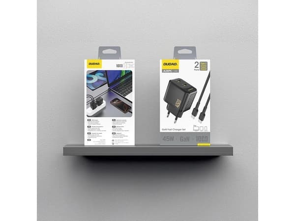 Dudao A28PCEU Adapter 45Watt 2xUSB-C (1m USB-C to USB-C cable included) Sort