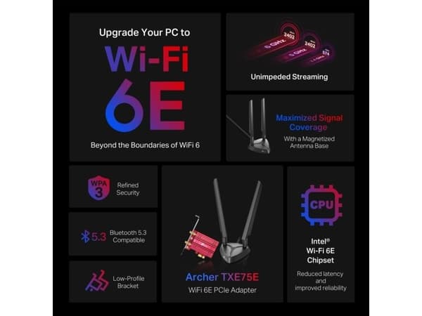 TP-Link Archer TXE75E, Sisäinen, Langaton, PCI Express, WLAN / Bluetooth, 5400 Mbit/s, Musta, Punainen