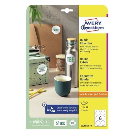 Avery 6229REV-10, Vit, Rund, Lösa, A4, papper, Universal