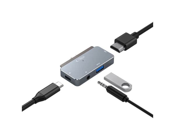 HUB Tech-Protect V6 4-i-1 USB-C - USB-A 3.0 / USB-C PD100W / HDMI / mini-jack 3,5 mm - grå