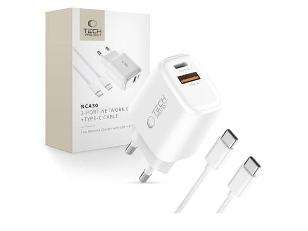 Tech-Protect NCA30 PD 30W QC3.0 USB-A/USB-C vegglader + USB-C/USB-C-kabel 100 cm - Hvit