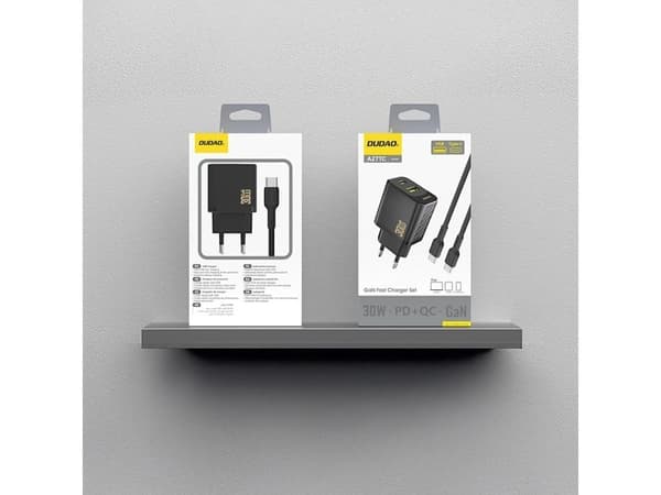 Dudao USB-nettlader USB-A til USB-C med USB-C-kabel GaN PD 30W - sort