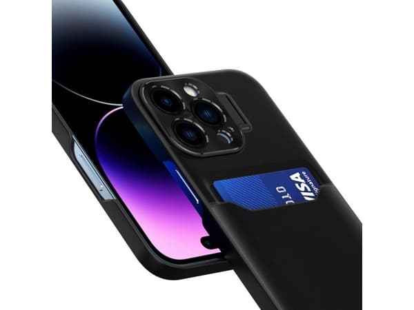 Läderställbart skyddsetui för iPhone 14 Plus - korthållare med stativ - svart