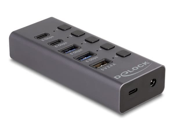 Delock - Hub - 5 Gbps, 1 fast charging port, + switch - 3 x USB + 2 x USB-C - stasjonær