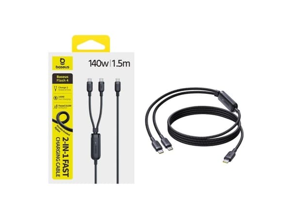 Baseus Flash 4 140 W 2-in-1 USB-C–USB-C + USB-C-kaapeli, 1,5 m – musta