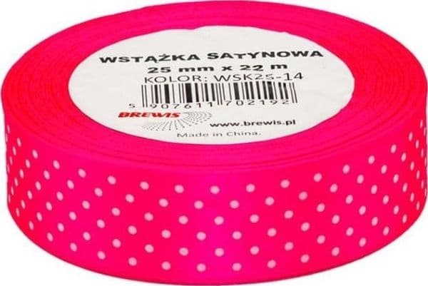 Prikkete rosa satengbånd 25 mm x 22 m