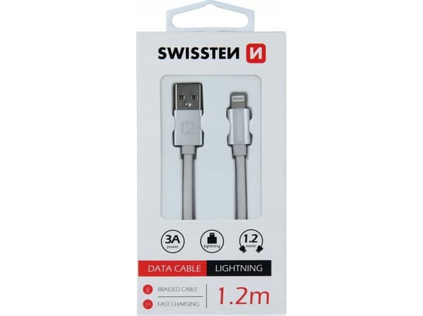 Swissten Textile Fast Charge 3A Lightning-kabel for data og lading 1,2 m